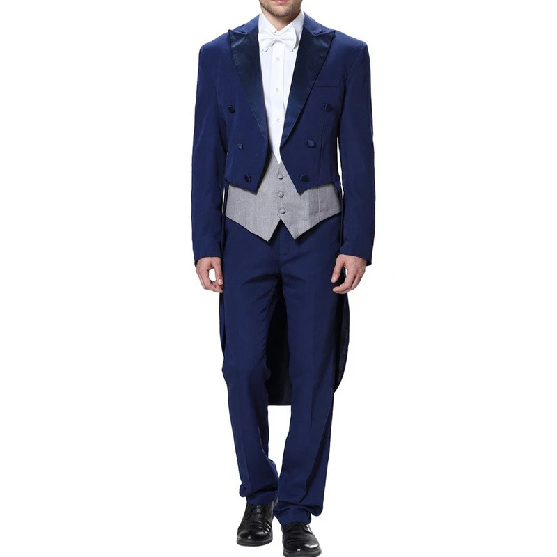 Navy Blue Wedding Man Tail Coat suits Three Piece Double Breasted Peaked Lapel Groom Wear Gray Vest Jacket Pants Prom Men Suit | Мужская