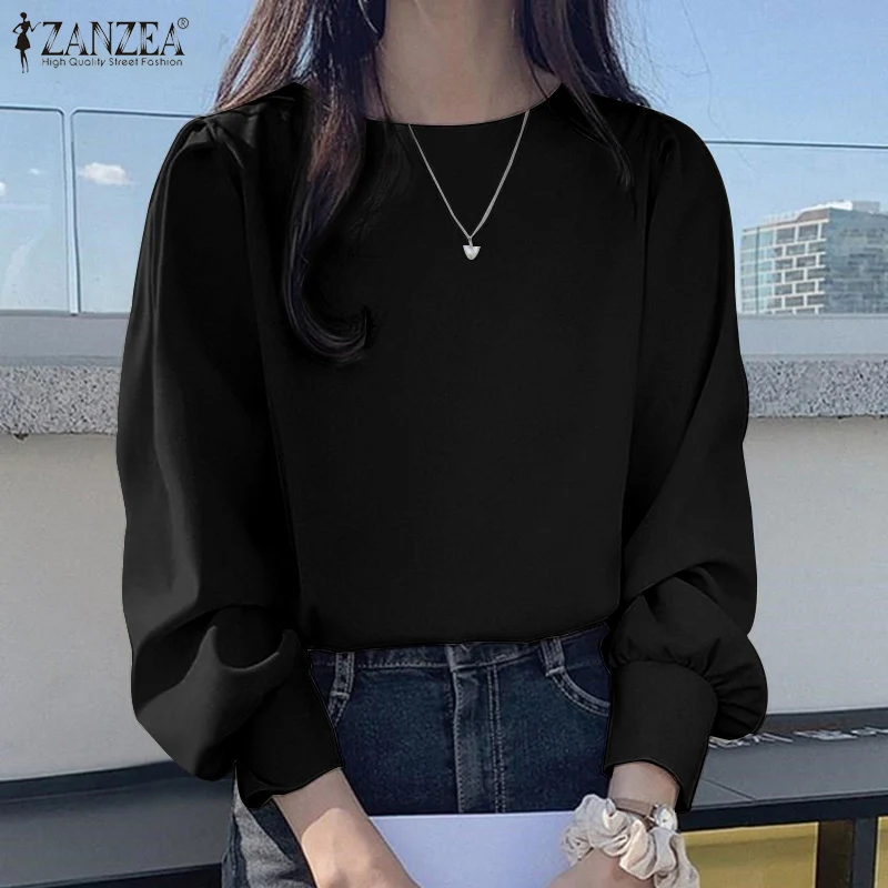 

ZANZEA Autumn Women Full Sleeve Blouse O-Neck Thin Solid Female Chemise Elegant Loose Fashion Holiday Casual Bohemian Blusas Top