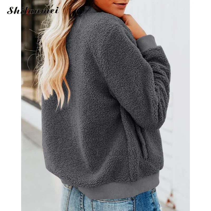 

2019 Teddy Coat Women Autumn Winter Fleece Bomber Jacket Women Round Neck Zipper Casual Plush Coat Cropped Streetwear Outerwear