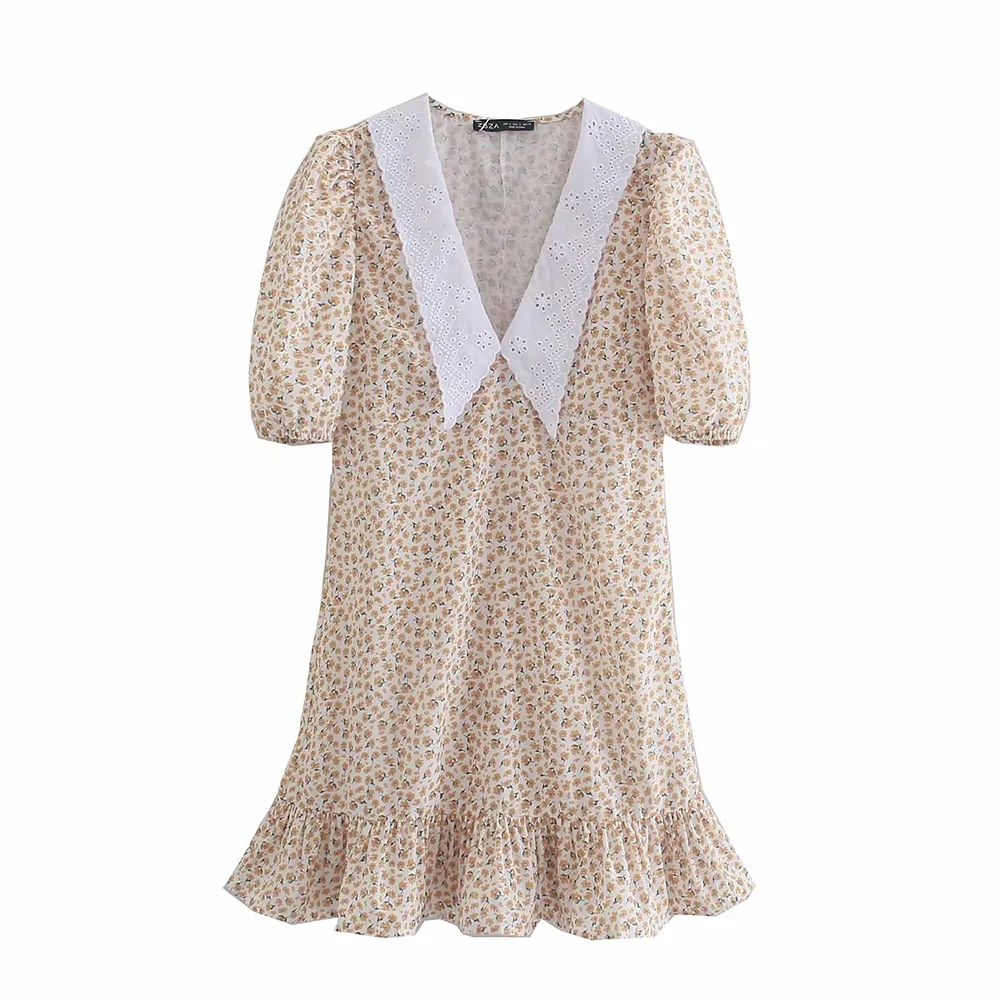 

DYLQFS 2021 New Summer Women Beach Style Flower Print Dress Female Casual V-neck Girl Dress Vintage Short Sleeve Mini Dresses