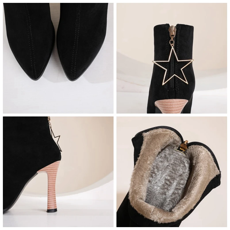 

ORCHA LISA Women Ankle Boots Pointed Toe 10.5cm High Heels Flock Zip Elegant Star Big Size 33-50 Office Pink Purple Winter C2237