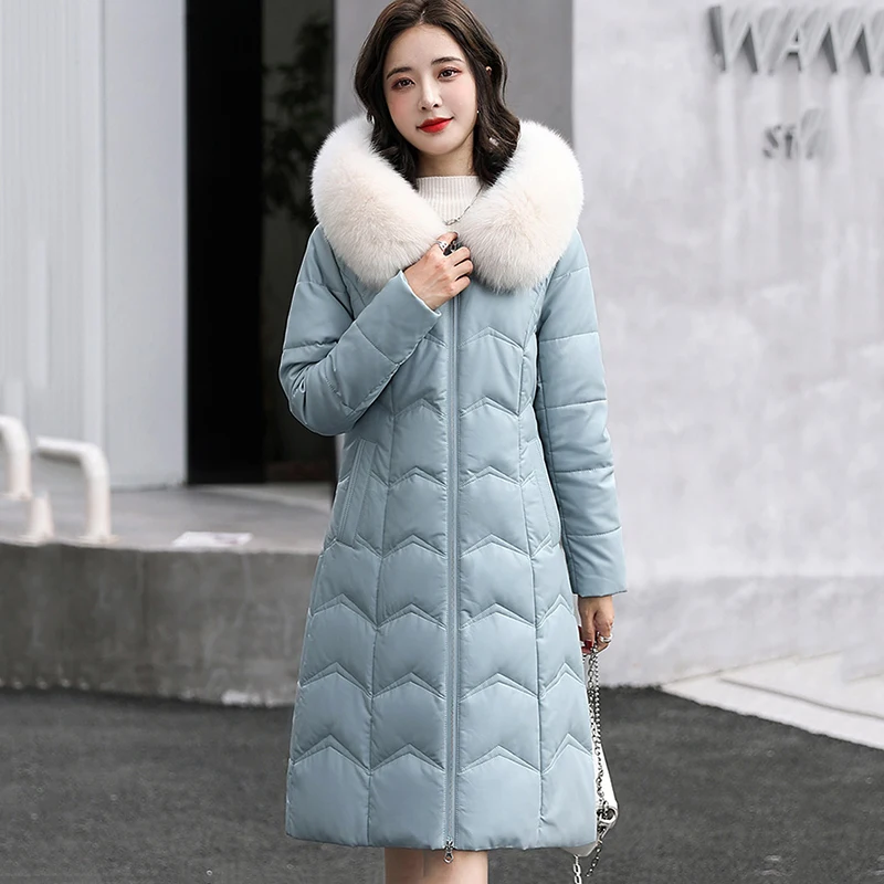 New Women Leather Down Coat Autumn Winter 2022 Fashion Warm Fox Fur Collar Slim Long Sheepskin Down Jacket Hooded Fur Outerwear