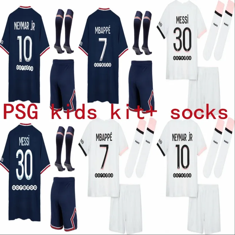 

Kids Kit Messi 2021/2022 Psgs Voetbal Jersey Kind Mbappe Neymar Jr 21 22 Kids Kit + Sokken Voetbal Shirts