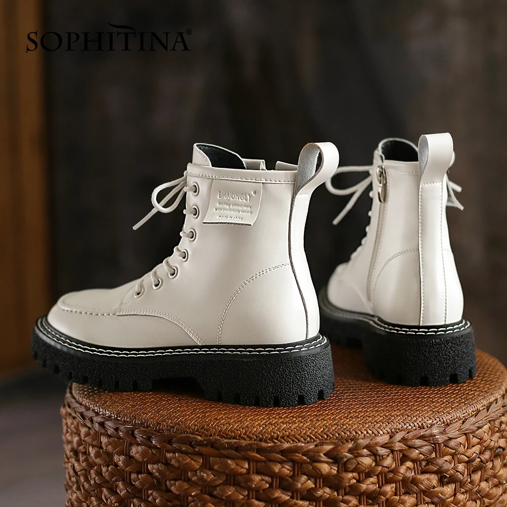 Harga Sepatu Bot Pergelangan Kaki Kasual SOPHITINA Sepatu Bot Wanita Kantor Hak Persegi Ujung Bundar Kulit Asli Sepatu Antiselip Renda Nyaman HO255
