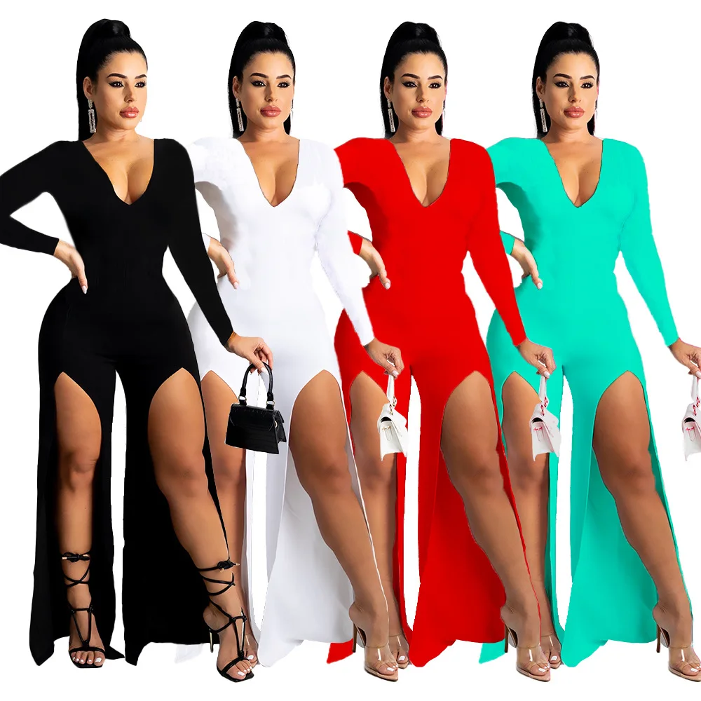 

Sexy Front Split Women Rompers Autumn One Piece Jumpsuit Deep V Neck Full Sleeves Skinny Solid Party Club Casual Jumpsuits