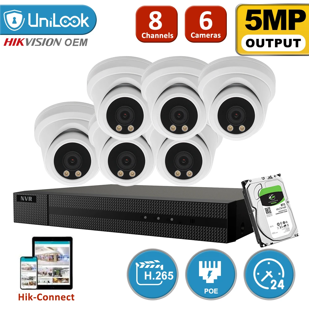 

UniLook 8CH NVR 6Pcs 5MP Turret POE IP Camera NVR Kit ColorVu Security System 2.8mm Fixed Lens IR NVR Kit P2P View H.265