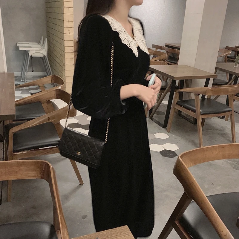 RICININA женское весеннее платье с длинным рукавом воротник Питер Пэн однотонное