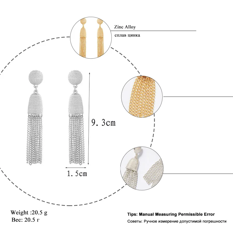 

RAVINOUR Pendientes Mujer Punk Metal Tassel Dangle Earrings for Women Statement Gold Silver Long Fringed Earings Fashion Jewelry