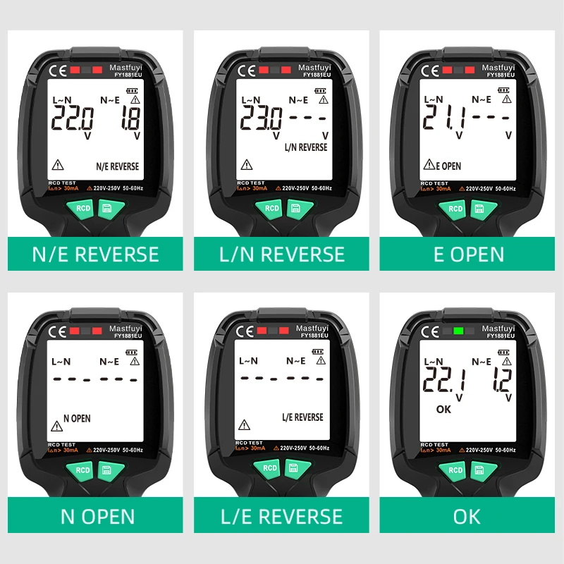 Full Screen Socket Tester Voltage Test EU/UK/US Plug Line RCD Measurement Polarity Phase Check |