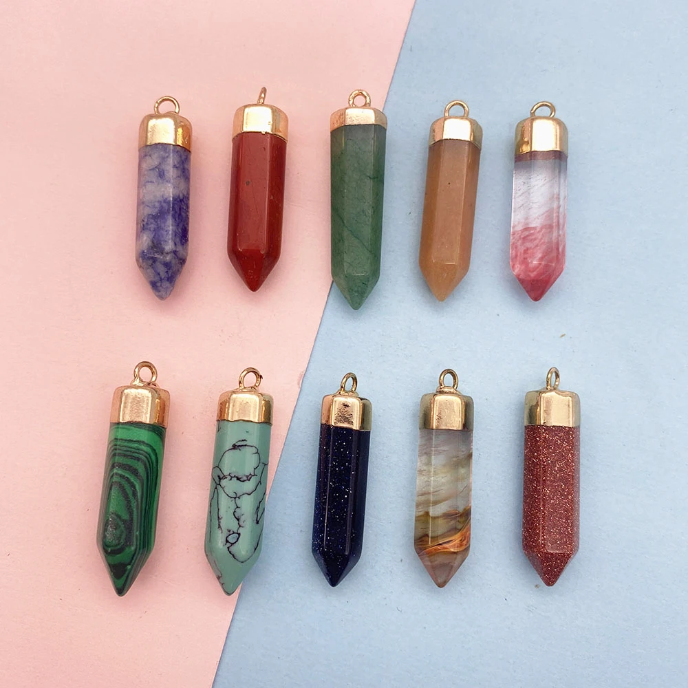 

Natural Stone Pendant Cone Crystal Column Malachite Golden Sandstone Agate Designer Charms for Jewelry Making Earring Necklace