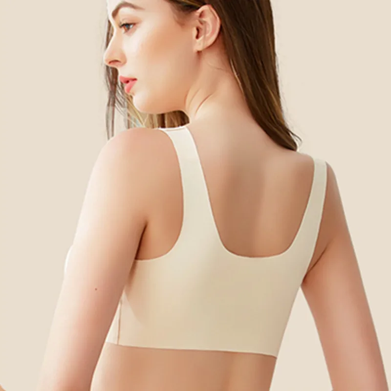 Sujetador de lactancia para mujeres embarazadas, ropa interior de talla grande, sin costuras, con bot&oacute;n frontal para dormir, sin rastro-4