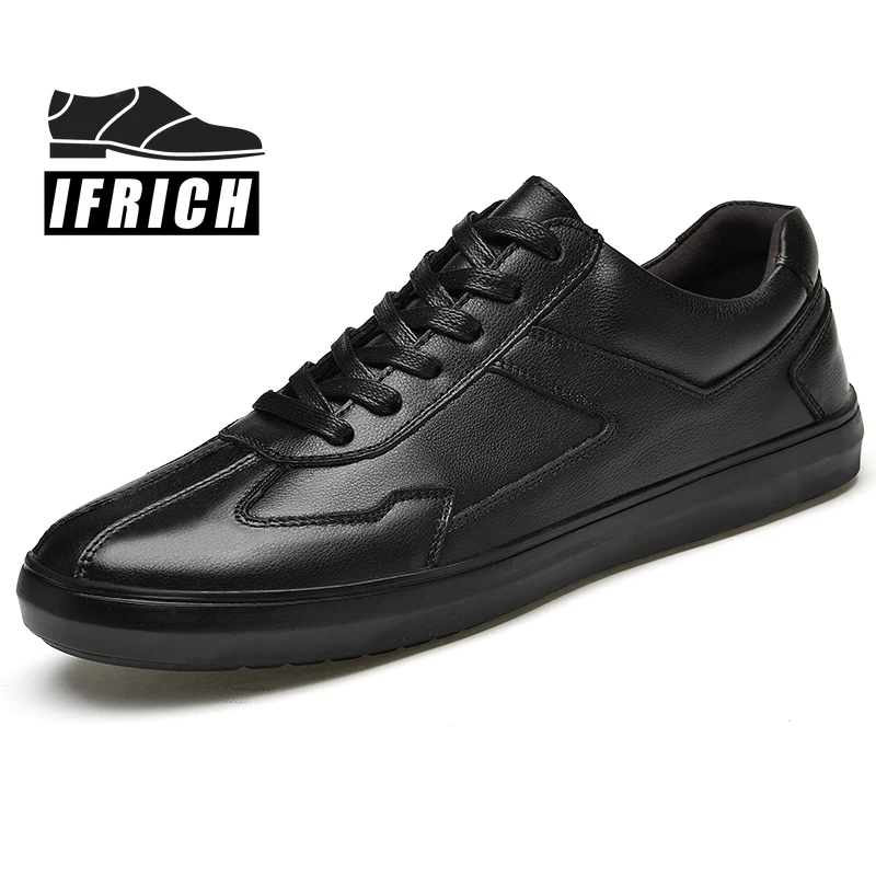 

2021 Autumn Men Fashion Sneakers Black Genuine Leather Men Lace Up Sneakers Low Top Youth Fashion Men Shoes Brand Man Flats Shoe