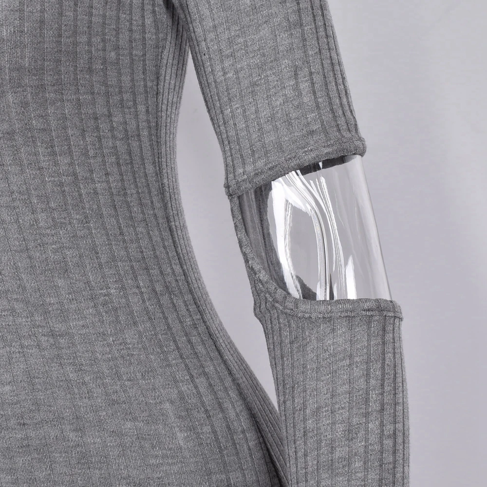 

Summer New Personality Fashion Leisure Women's Wear Grey Round Collar Long-Sleeved Tight Mini Short Dress