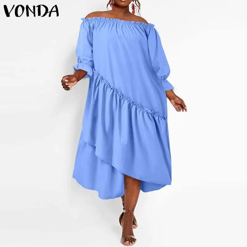

VONDA 2022 Summe женское вечернее платье с длинным рукавом, асимметричный миди-сарафан в богемном стиле, сексуальное плиссированное платье на одно...