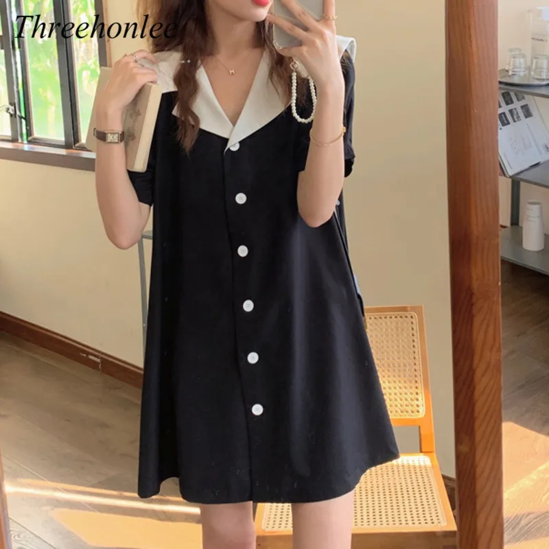 

Мини-платье женское с коротким рукавом и отложным воротником, в Корейском стиле