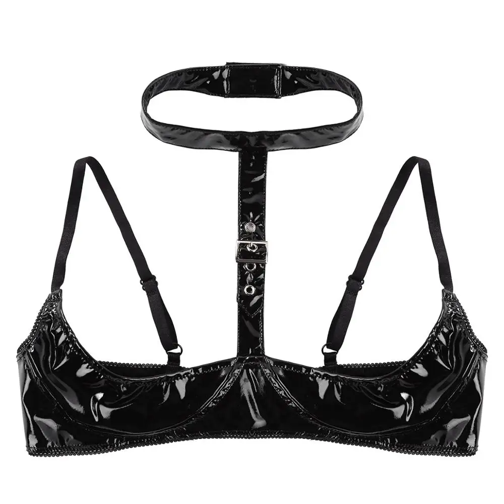 Hot Sexy Women Wet Look Patent Leather Lingerie Halter Adjustable Spaghetti Straps Open Half Cups Wire-free Erotic Bra | Тематическая