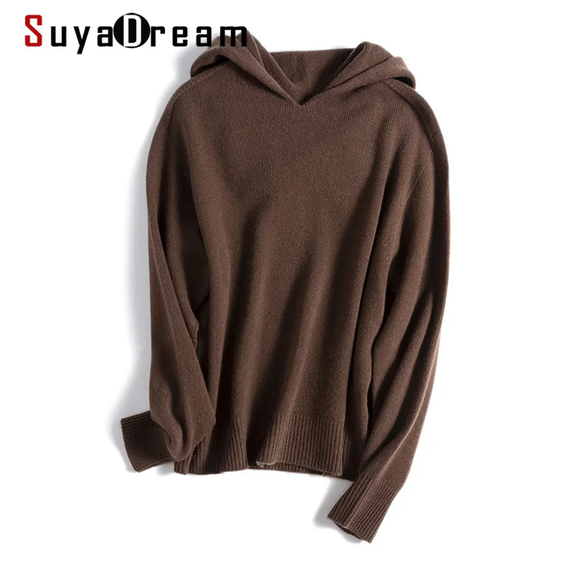 

SuyaDream 2021 100%Basulan Wool Warm Hooded Pullovers Raglan Sleeves 2021 Fall Winter Hoodies for Woman Pink Camel