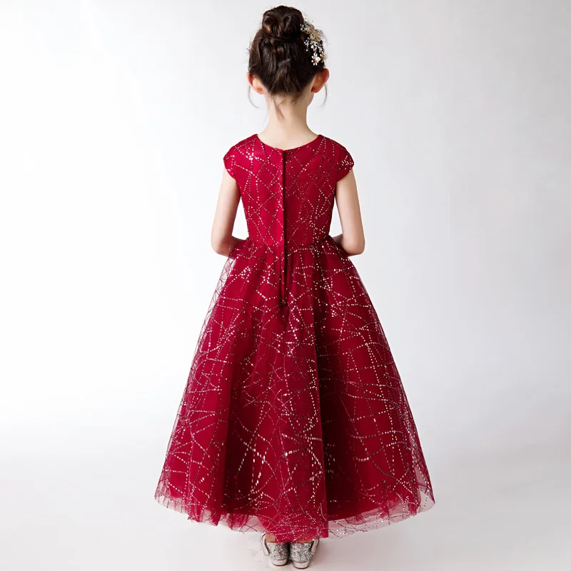 Очаровательное платье с круглым вырезом для девочек Бордовое цветочным узором