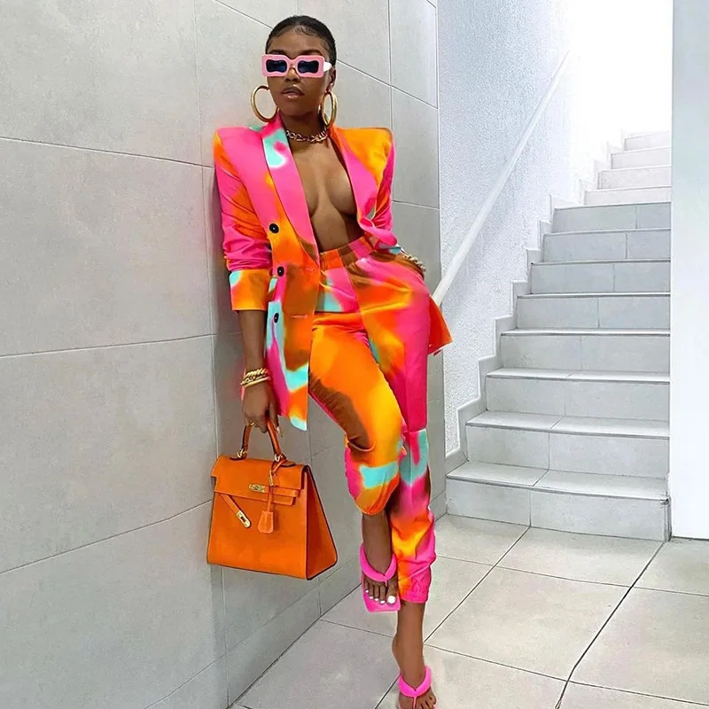 

Zim 2021 Autumn Winter Women Tie Dye Print Blazer Set Single-Breasted Coats With Sweatpants Streetwear Fashion Outfit Y2K