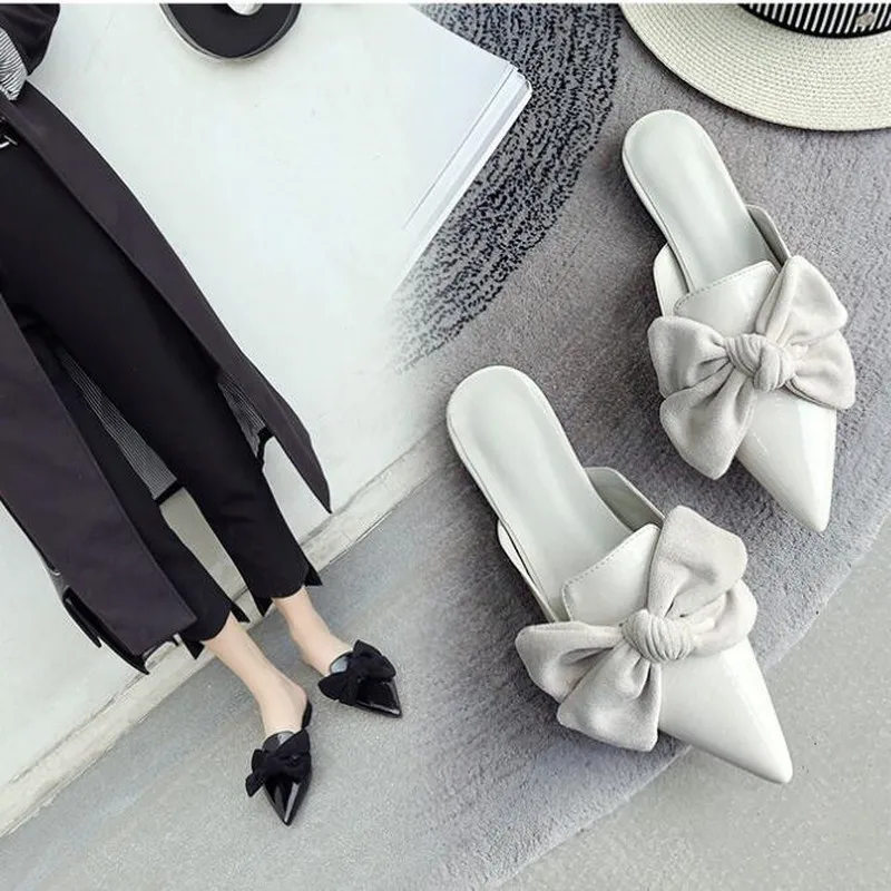 Женские шлепанцы Летние мюли кожаные из флока на низком каблуке с острым носком и