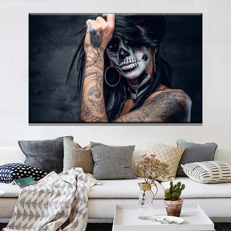 Картина на холсте настенные художественные плакаты черный череп тату девушка