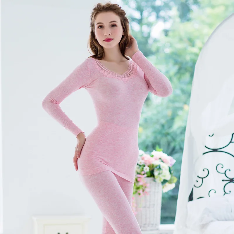 Новинка осенне-зимнее бесшовное женское термобелье с кружевом и V-образным