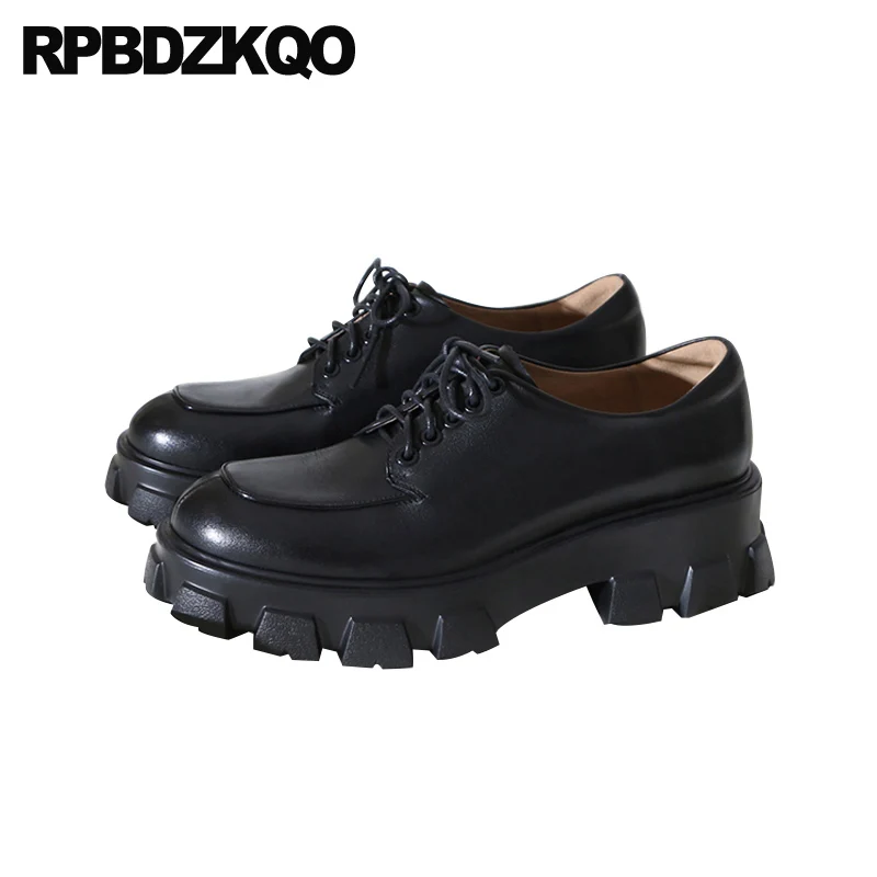 

Women Flats Genuine Leather Muffin Black Lace Up Creepers Platform Shoes Shallow Patent Elevator Italian Designer Thick Sole