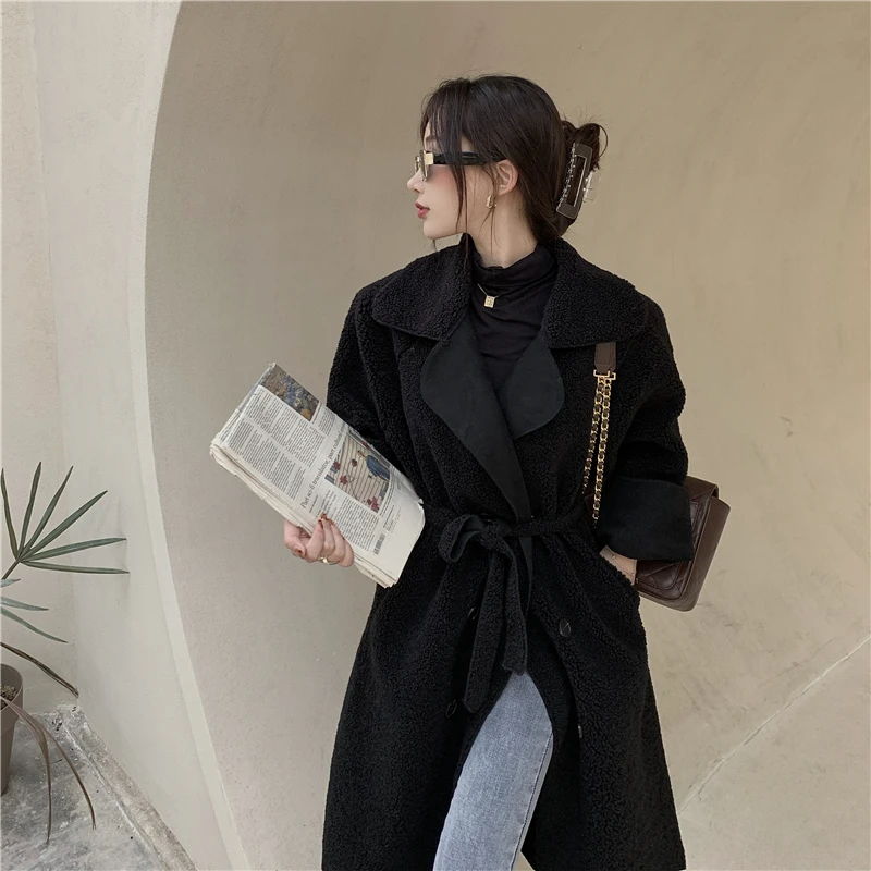

2020 Winter Fashion Lamb Fur Long Coat Outwear Women Plus Size Long Sleeve Elegant Thickened Coats and Jackets with Sashes