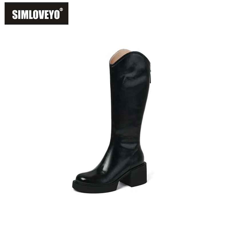 

SIMLOVEYO женские брендовые новые ковбойские сапоги до колена с круглым носком на высоком каблуке с молнией сзади черные и белые коричневые Пов...