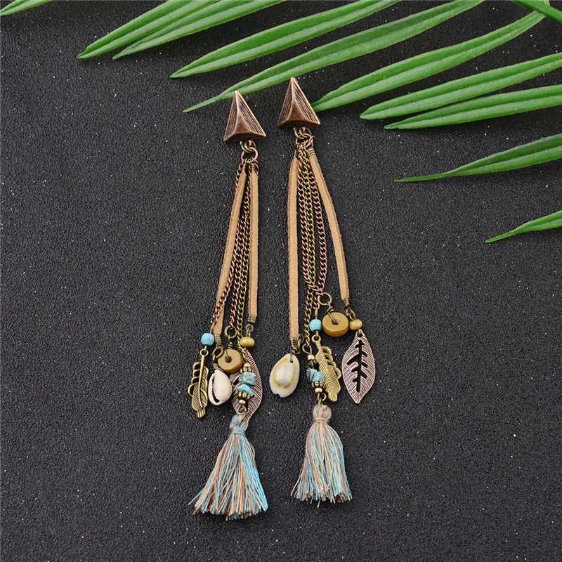 CARTER LISA хиппи шикарная серьга длинная бахрома кожа оболочка лист серьги для
