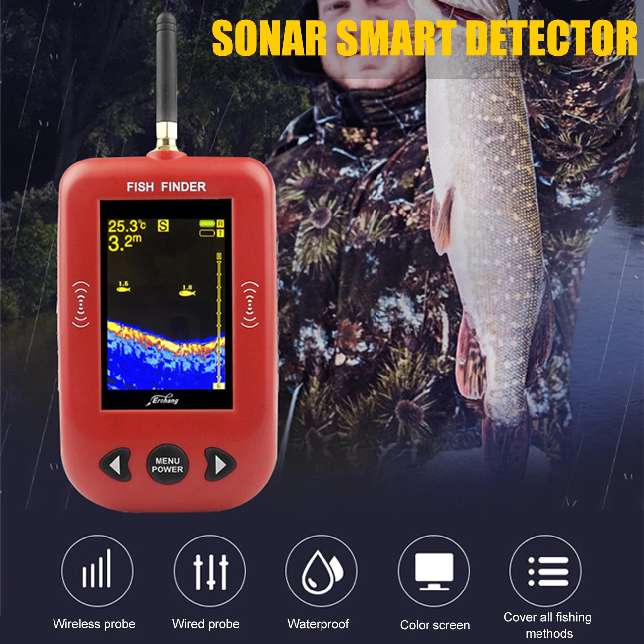 

Handheld Fish Finder Portable Wireless Fishfinder Sonar Sensor Depth Locator Fishing Gear LCD Display