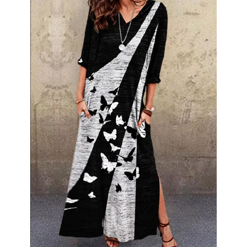 

Half Sleeve Elegant Long Summer Women Dress Print Fashion Patchwork Streetwear Side Slit Casual Loose Ladies T-shirt Dresses