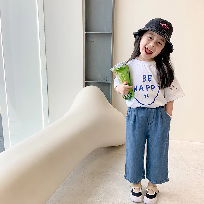 

Mila Chou 2021 Summer Girls Letter Short-sleeved T-shirt Bottoming Shirt Children's Loose Wide-leg Pants Kids Matching suit 2-8Y