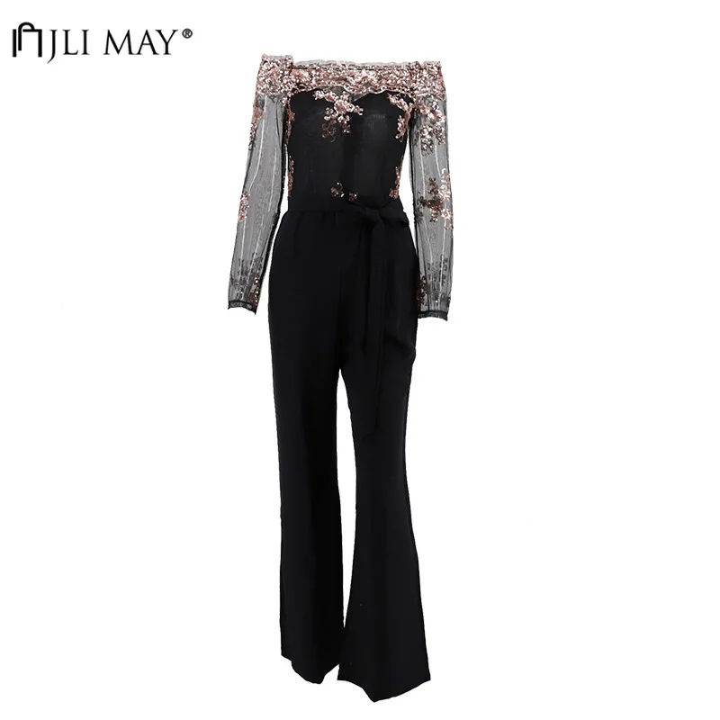 

JLI MAY Sexy Women Patchwork Sequins Mesh Playsuit Off the Shoulder Long Sleeve Sashes Slim Party Wide Leg Jumpsuit Trousers