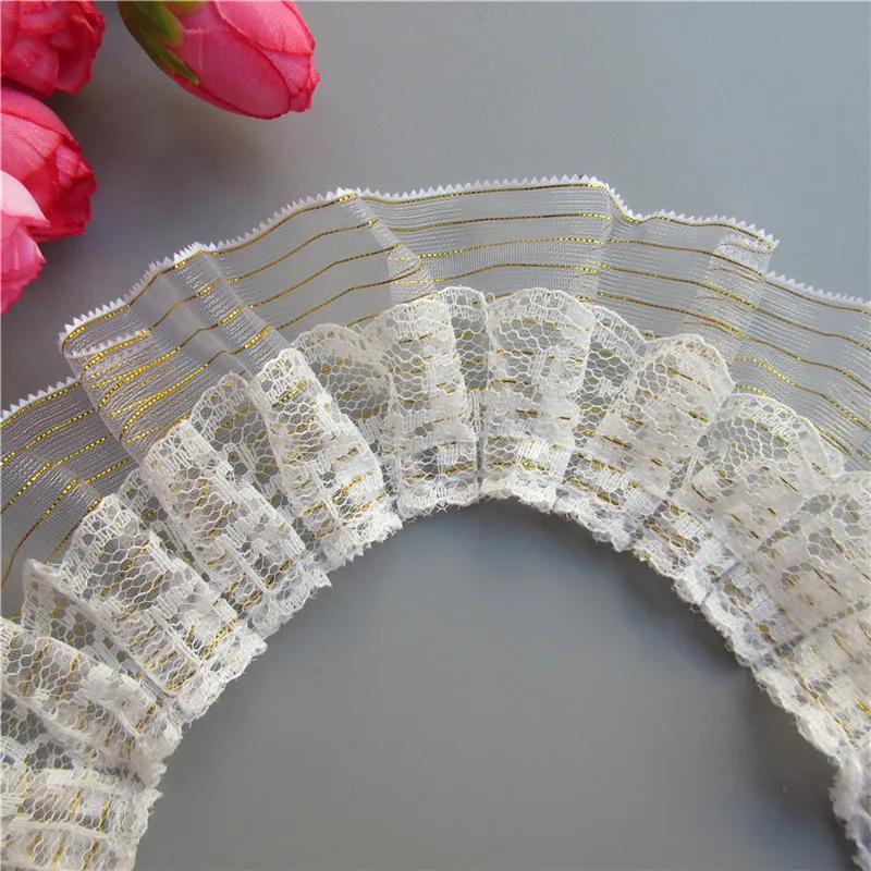 1 ярд 2-слойная Золотая плиссированная вуаль пилообразные кружева оборки