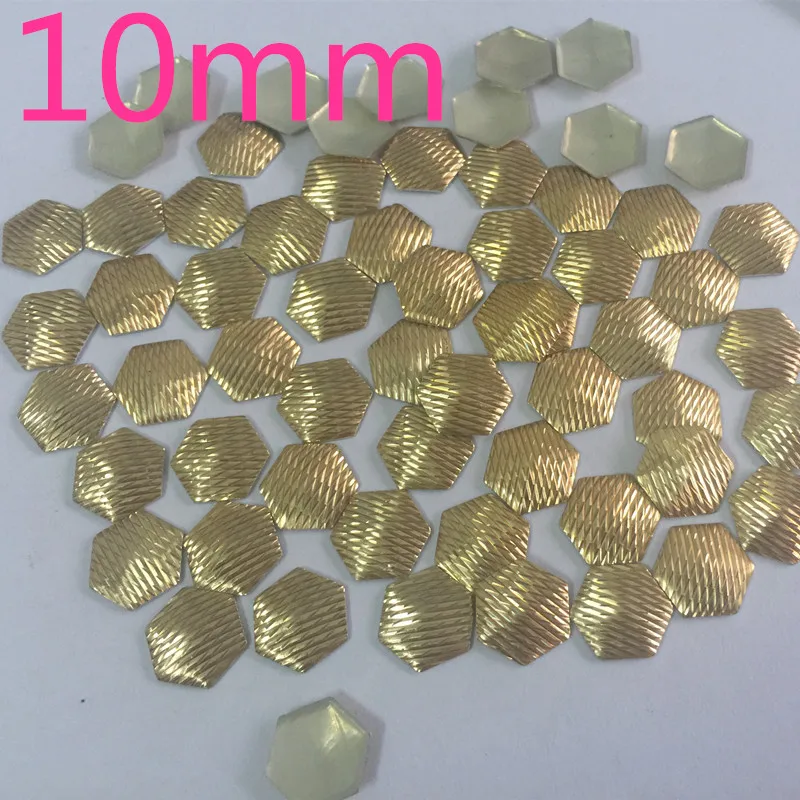 500pcs/lot 10mm Gold Metal Cutting Nailheads Hexagonal/Football Shaped HotFix FlatBack With Glue Heat Transfer Use For Garment