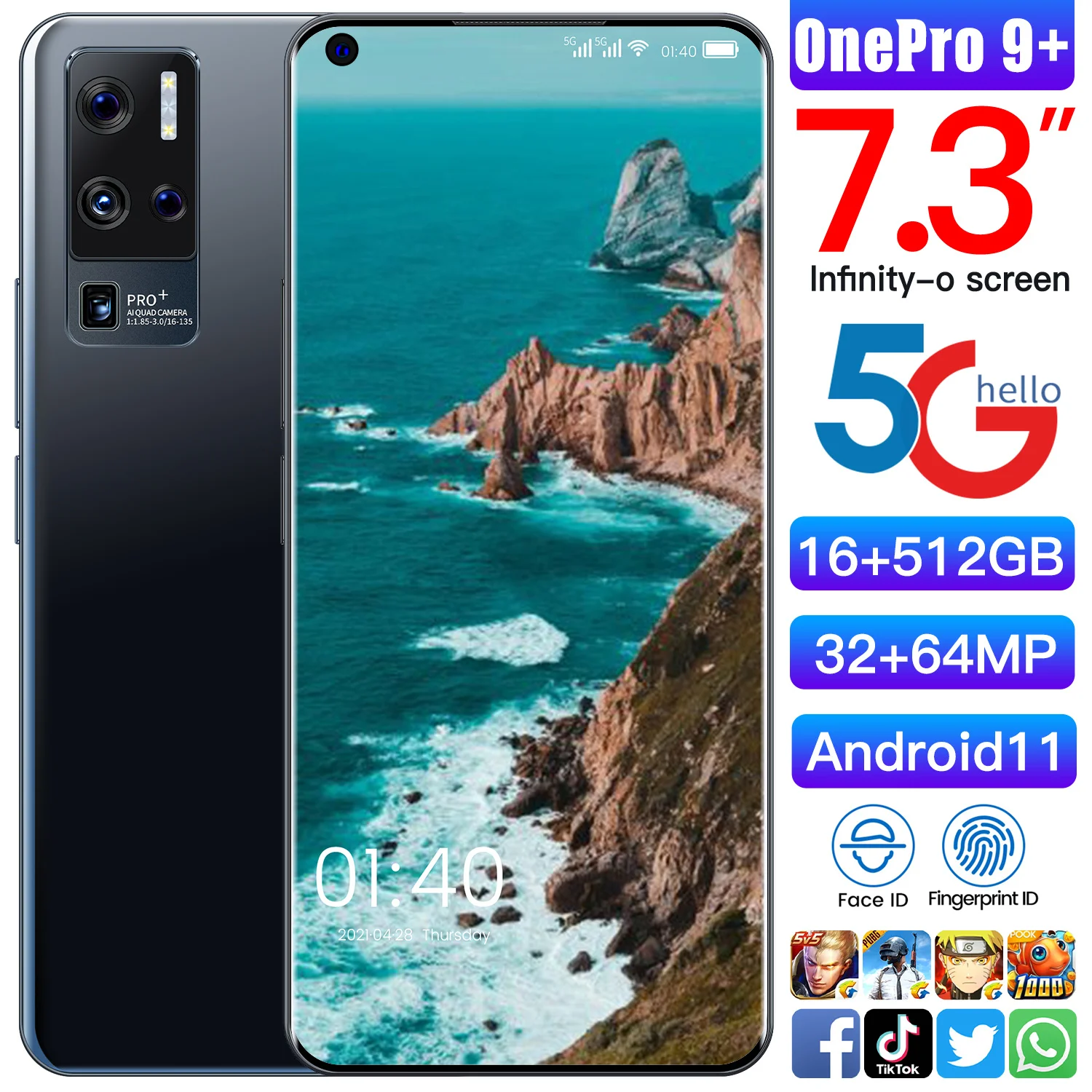 OnePro-tel&eacute;fono m&oacute;vil inteligente con pantalla completa de 7,3 pulgadas, smartphone con pantalla completa de 16 GB + 512GB, Deca Core, desbloqueado, 32MP + 64MP, Android 11, Tarjeta SIM Dual, modelo 9 +-0