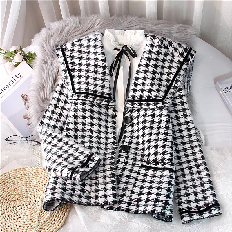 

EBAIHUI Cropped Cardigan Bird Plaid Sailor Collar Sweater Women's Coat Faux Mink Cashmere Knitted Elegant Loose Chic Sweaters