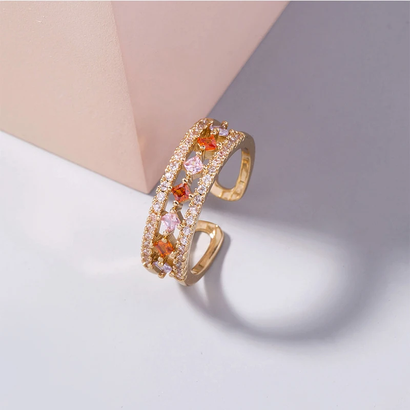 

2021 New Women's Ring Double Row Colorful Zircon Starry Irregular Square Fashion Rainbow Gemstones Exquisite Jewelry Accessories