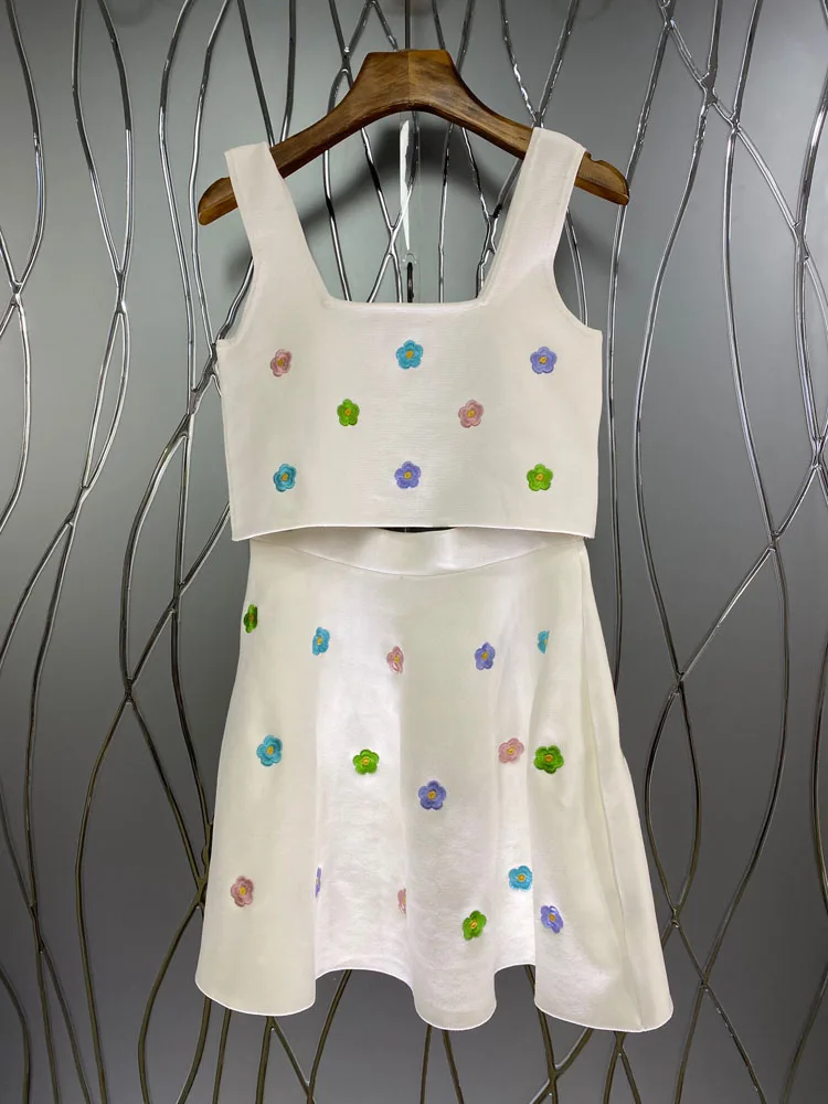 

High Quality Sweater Sets 2021 Summer Women Floral Embroidery Knitted Crop Tops+High Waist A-Ling White Skirt Suits & Sets 2pc