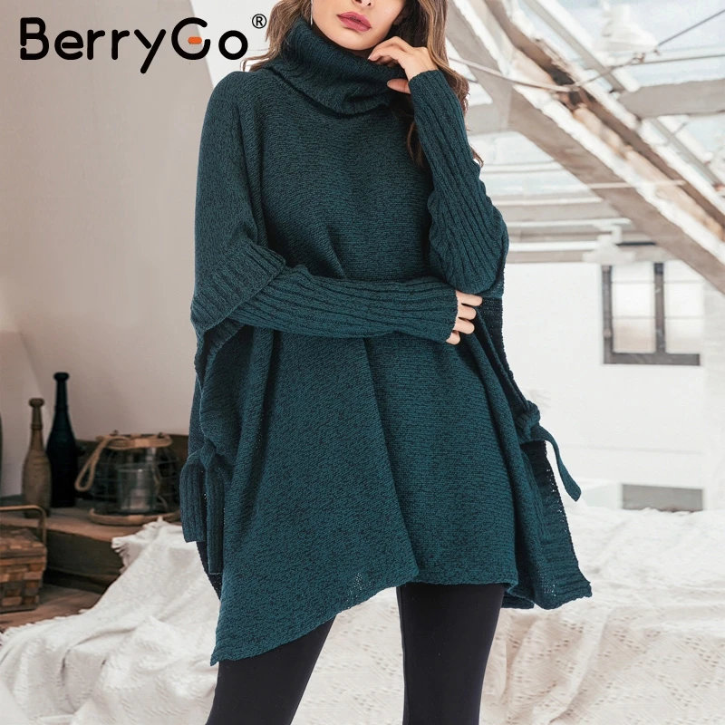 BerryGo Turtleneck autumn winter sweater women Long sleeve solid ladies poncho Casual bat female pullover | Женская одежда