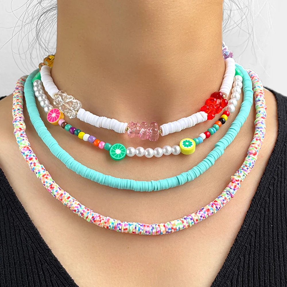 

Y2K Candy Color Resin Bear Fruits Soft Clay Beads Necklace For Women Multilayer Colorful Clay Beaded Choker Set Handmade Jewelry