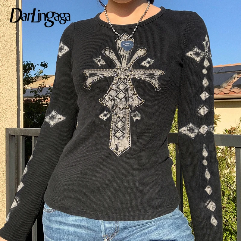 

Darlingaga Grunge Goth Printed Rhinestone Autumn T shirt Women Long Sleeve Retro Dark Academia Tops Techwear Pullover Slim Shirt