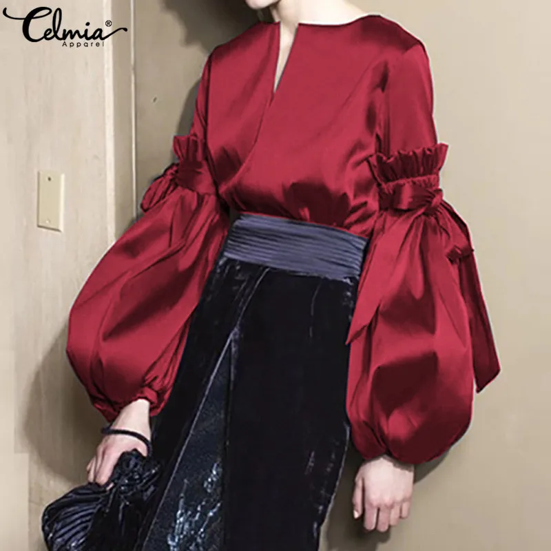 Элегантные женские атласные блузки Celmia Модные осенние офисные дамские рубашки с