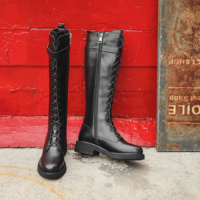 Fujin/женские сапоги до колена с пряжкой Черные мотоботы на шнуровке Зимние