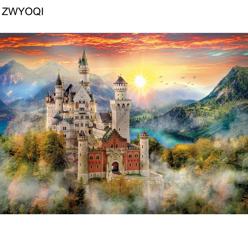 

DIY Diamond embroidery Cross stitch Forest Full Round Diamond mosaic mountain peak Full Square Diamond painting Castle sunshine