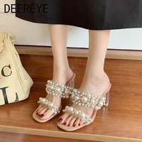 summer transparent pvc white pearls high heeled sandals sliders slippers clear chunky heels 6 59 cm women 2021 for dress shoes