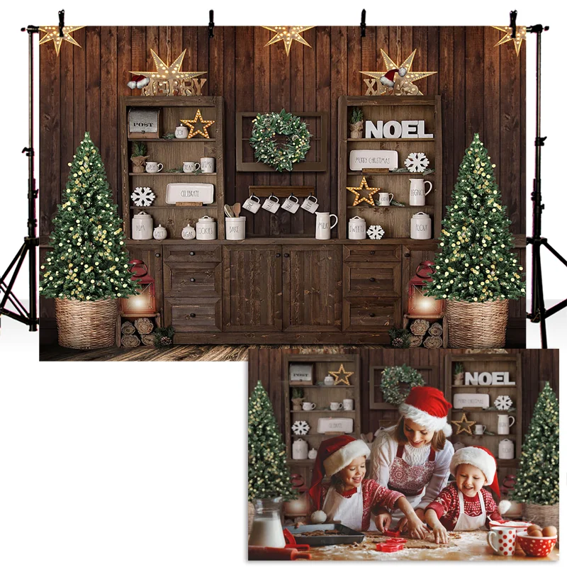 

X-mas Cupboard Photography Background Christmas Tree Stars Christmas Wreath Backdrop Decoration Props Banner For Photo Studio