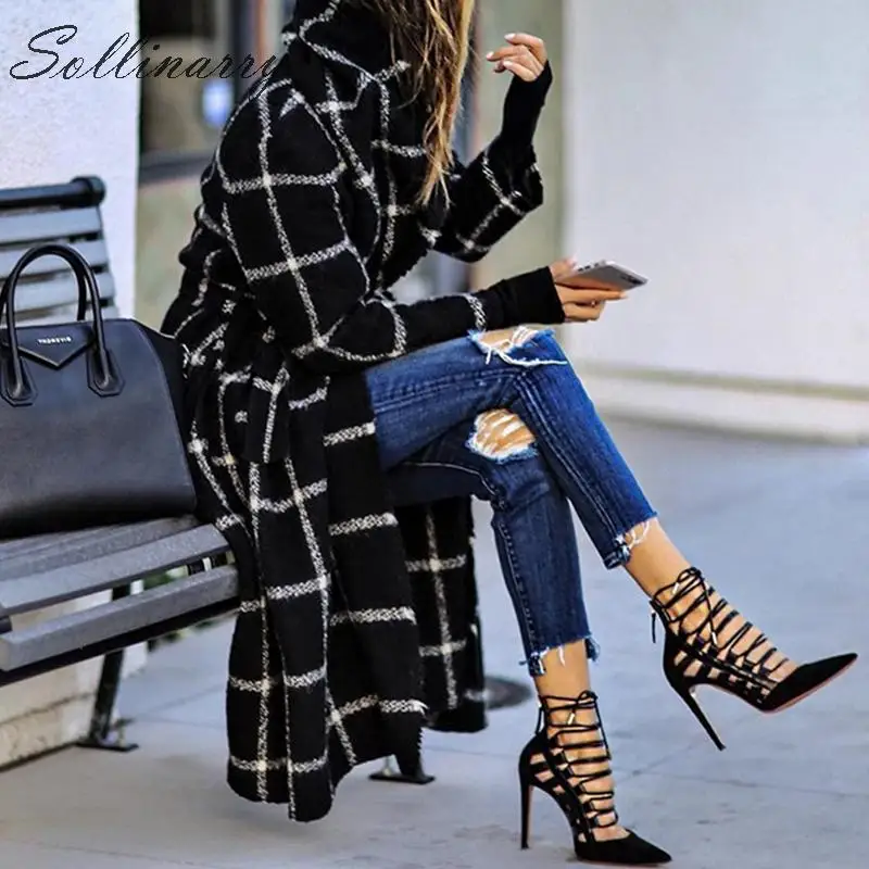 Sollinarry High Fashion Black Women Long Coats Trench Elegant Autumn Winter Hodded Sash Jacktes Female Casual Coat Outwear Plaid | Женская