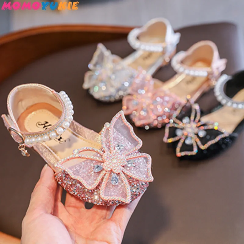 Zapatos con lazo de encaje de lentejuelas para ni&ntilde;as, zapatillas de baile de princesa con perlas bonitas, informales, para fiesta, boda, D721, novedad de 2021-0